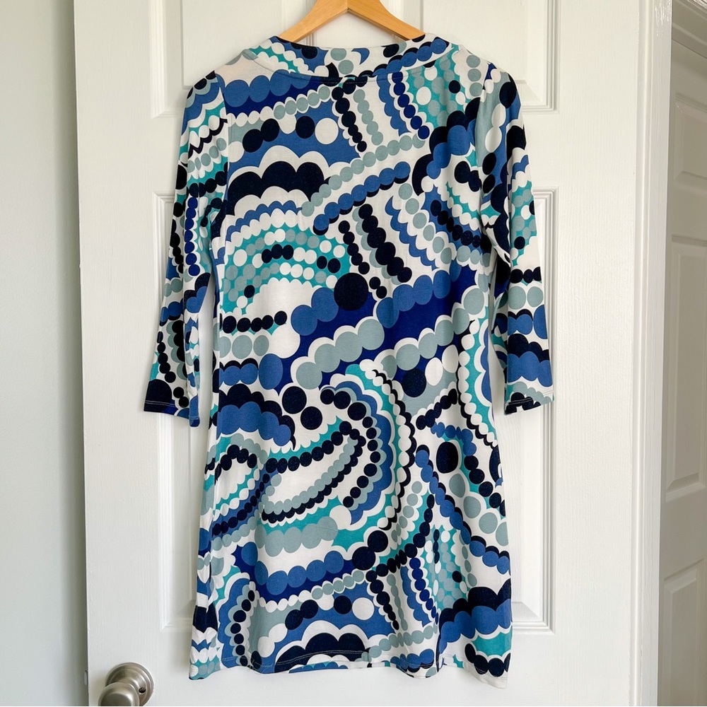 Boden Size US 8 Beaded V-Neck Dress Blue Teal Abstract Print Stretch Jersey - Picture 2 of 11